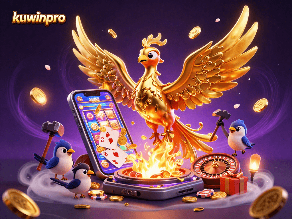 Experience the thrill of kuwinpro with a molten golden phoenix in a vibrant casino scene.