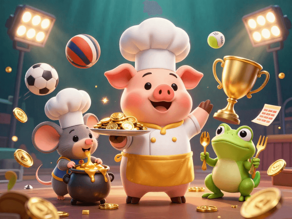 Nohu features a gourmet-Serving chef pig, tasting mouse, and critic frog in a vibrant casino scene.