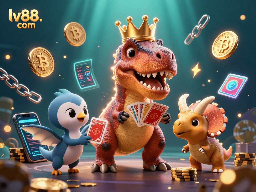 Engage with lv88. com's thrilling gaming experience as a T-Rex shuffles cards and a baby triceratops stacks golden chips.