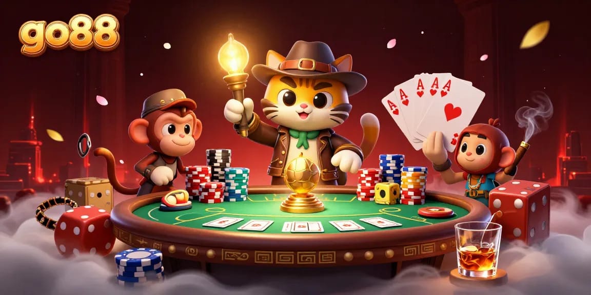 Experience the excitement of go88 with a cat archaeologist and monkey in a mystical casino.