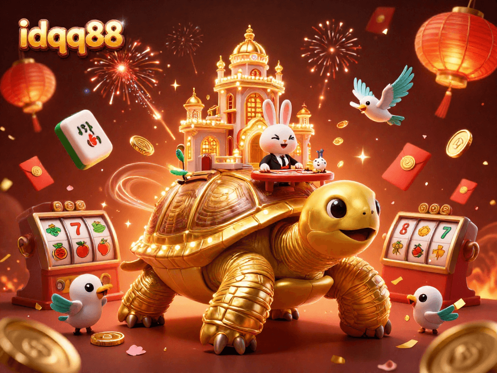 Spin the reels at idqq88 with a whimsical golden tortoise casino scene filled with excitement.