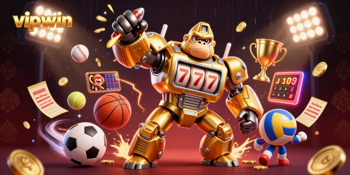 Experience thrilling wins with vipwin's golden gorilla mech surrounded by dynamic sports elements and betting excitement.