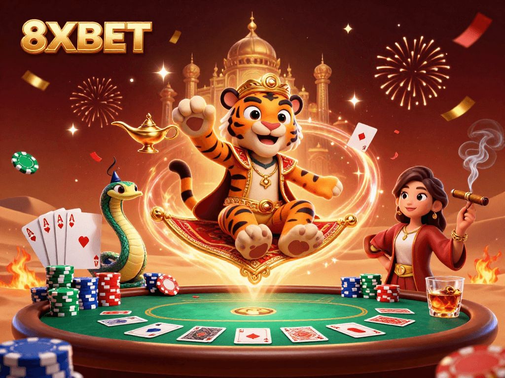 Engaging 8XBET-themed gaming scene featuring a tiger sultan amidst poker chips and cards.