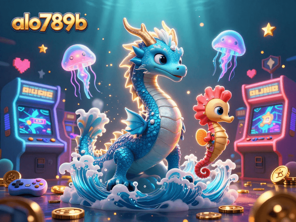 Engage with exciting chances at alo789b, featuring vibrant 3D dragon and seahorse in a casino game scene.
