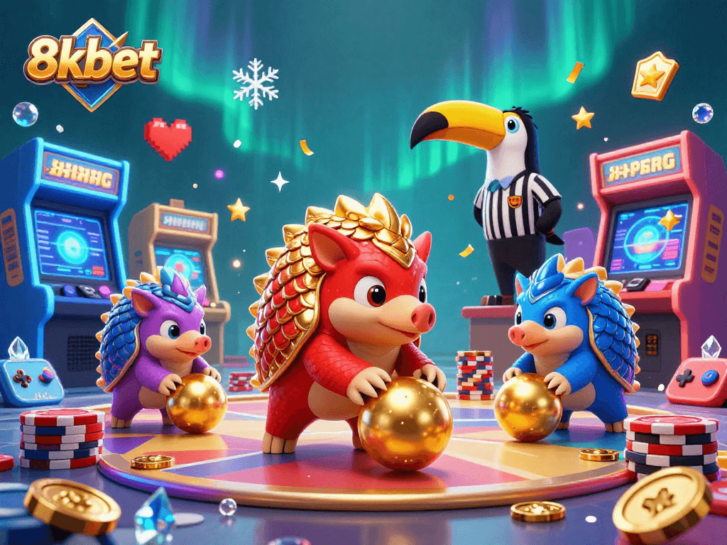 Experience exciting gameplay with 8xbet's vibrant pangolins and poker chips in a stunning casino illustration.