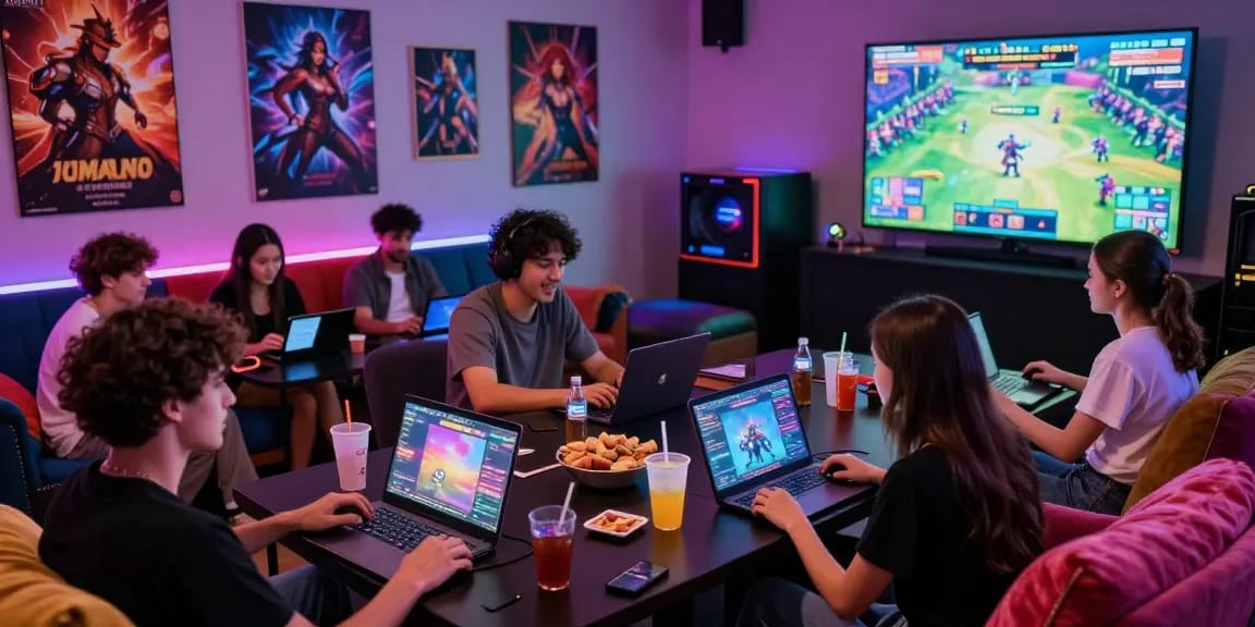 Group of friends enjoying game sex on various devices in a vibrant gaming lounge.