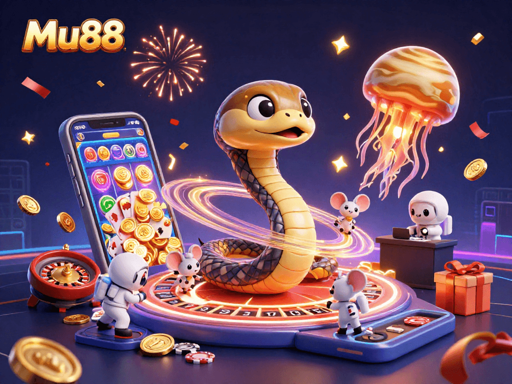 Mu88 players engage with a cosmic roulette as astronaut mice bet amidst vibrant rewards.