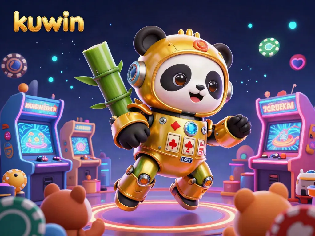 Kuwin's exciting gaming scene with a golden panda in a bamboo robot amidst vibrant slot machines and colorful icons.