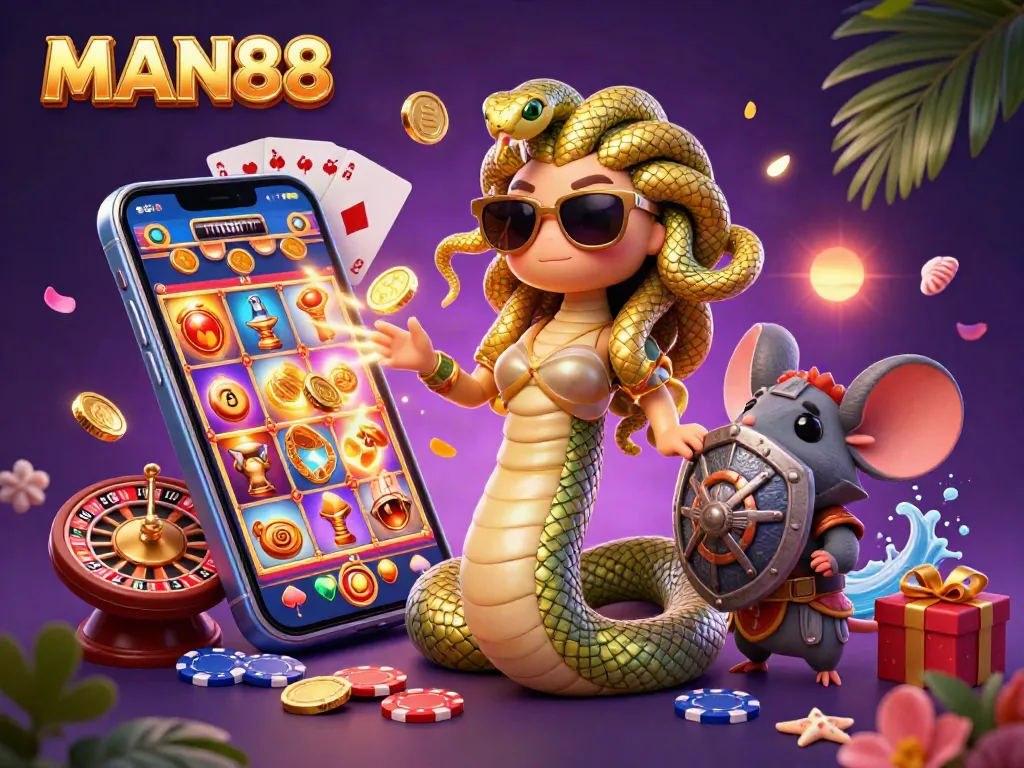 Experience thrilling gaming at MAN88 with 3D characters in a vibrant casino atmosphere.