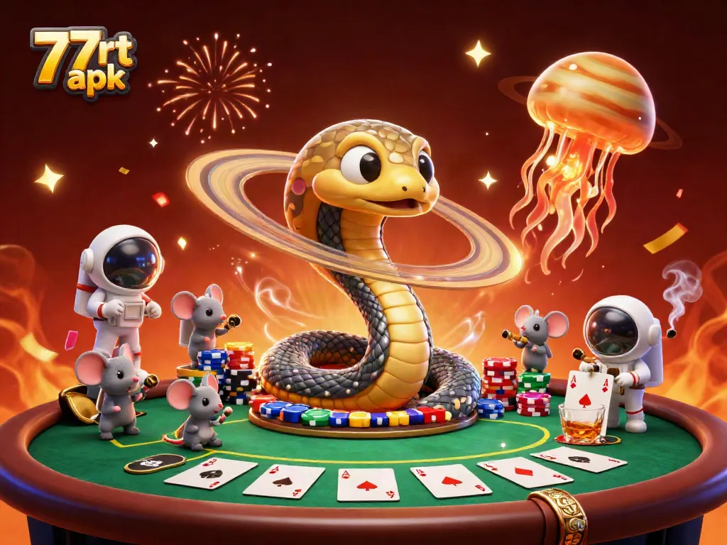 Experience 77rt apk gaming with astronaut mice betting on Saturn's rings in a cosmic casino.