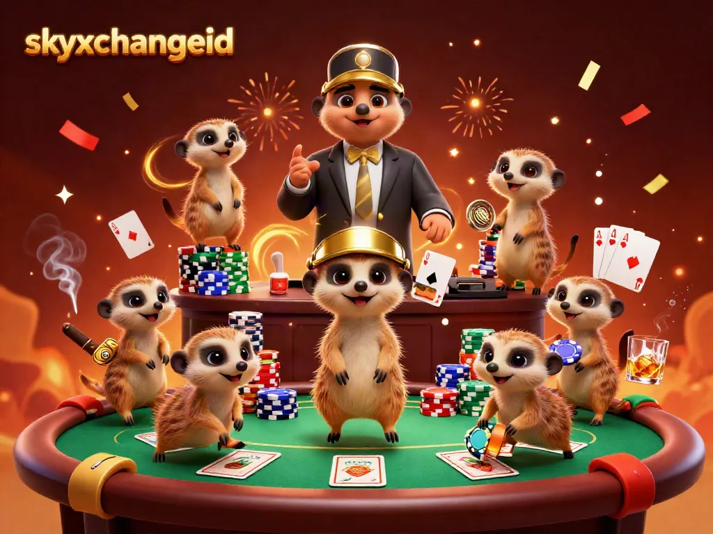 Meerkats running a casino operation celebrating with poker games on skyxchangeid.