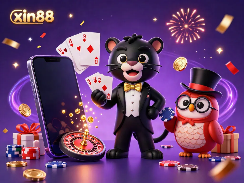 Engage with the exhilarating world of xin88 as the stylish panther deals cards amid a vibrant casino scene.