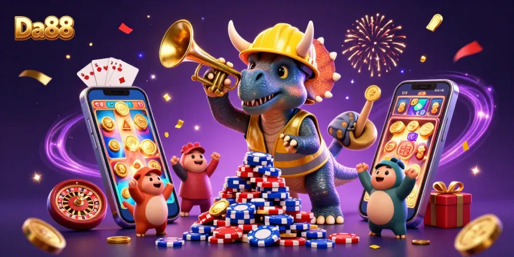 Experience Da88 through a vibrant casino scene featuring a triceratops and more in dynamic celebration.