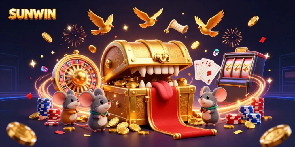 Experience the excitement of SUNWIN with a scene filled with sparkling casino elements and adventurous characters.