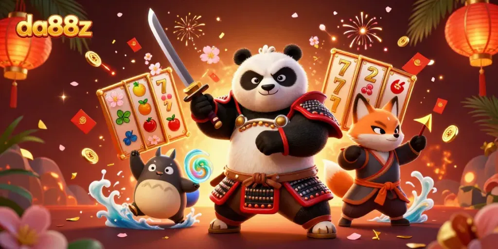 Experience excitement at da88z with a vibrant scene of a samurai panda and ninja fox amidst slot game elements.