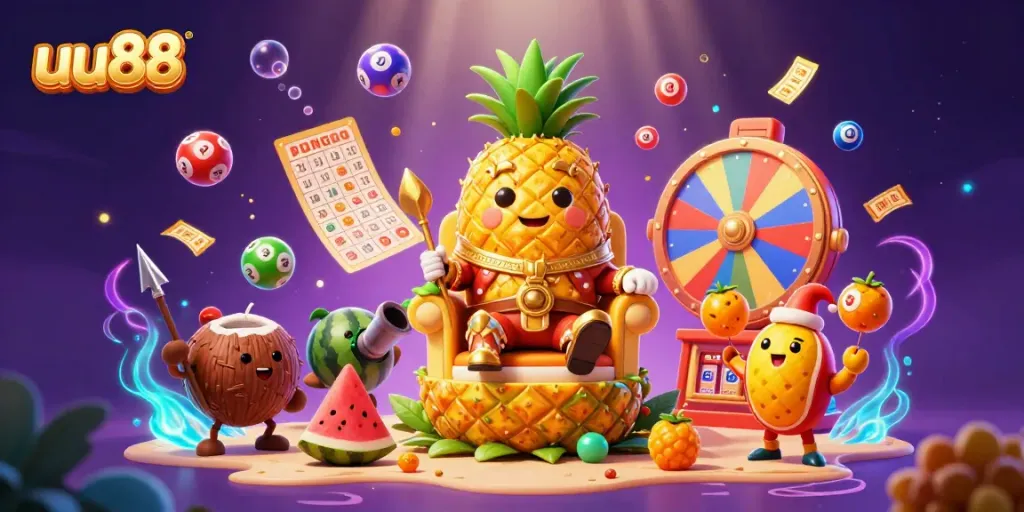 Experience the vibrant world of uu88 with the golden pineapple king amidst dynamic casino elements.