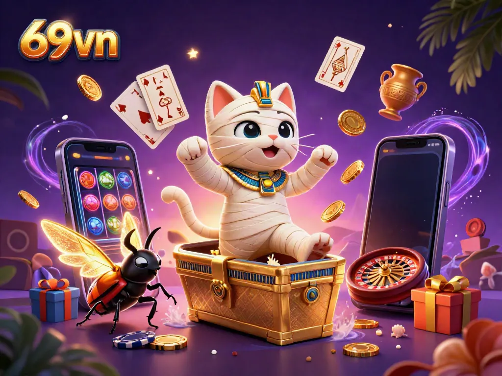 Experience thrilling gaming action with 69vn's vibrant Egyptian-themed casino illustration.