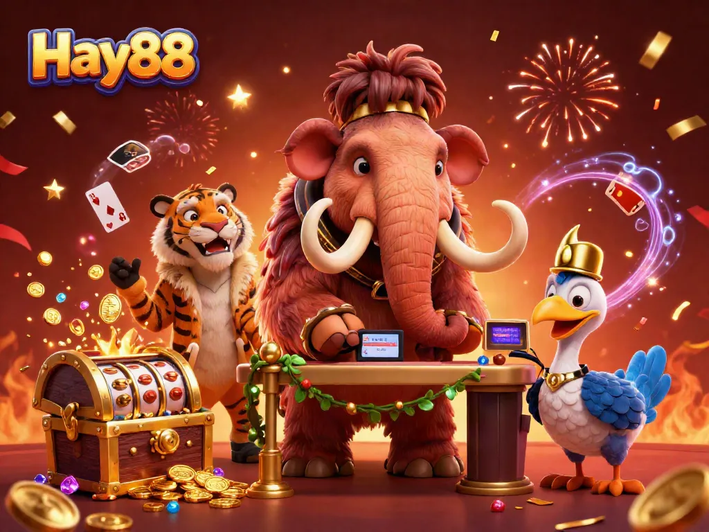 Experience the thrill of Hay88 with a vibrant casino scene featuring iconic characters and slot games.