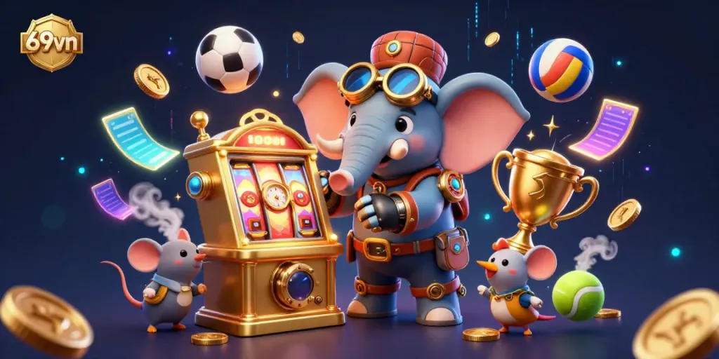 Engage with thrilling 69vn gaming through a dynamic illustration of a steampunk elephant operating a golden slot machine.