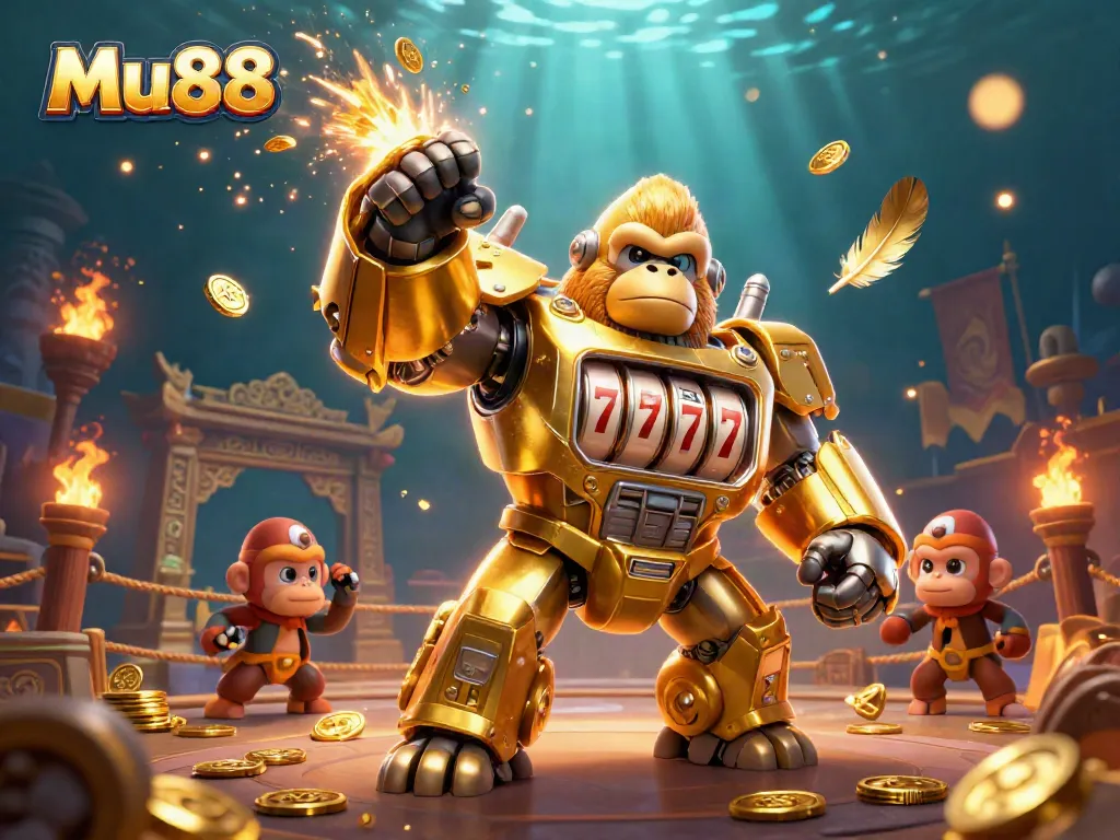 Experience the thrill of Mu88 with a dynamic 3D illustration of a golden gorilla mech amid casino elements and vibrant visual effects.