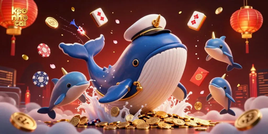 A dynamic underwater casino scene showcases keo nha cai with a whale captain, narwhal, and dolphins among colorful gambling elements.