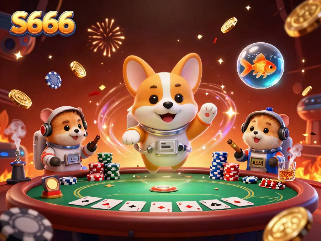 Experience S666 with a floating poker scene where an astronaut corgi interacts with whimsical characters in a vibrant casino atmosphere.