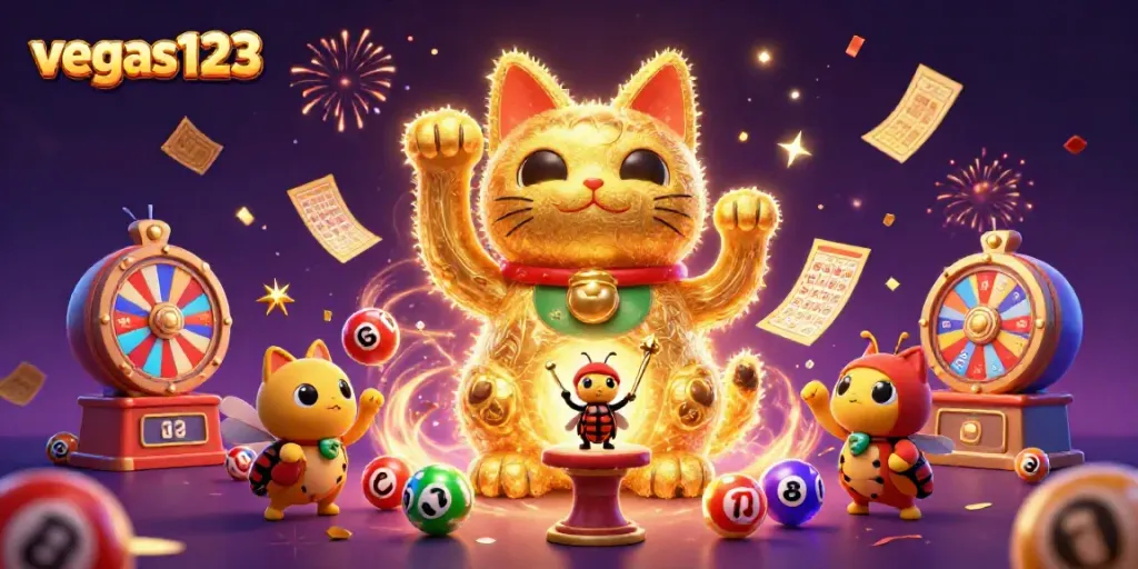 Permainan slot visual dengan vegas123 ditampilkan oleh kucing keberuntungan dan bola lotre yang dinamis.
