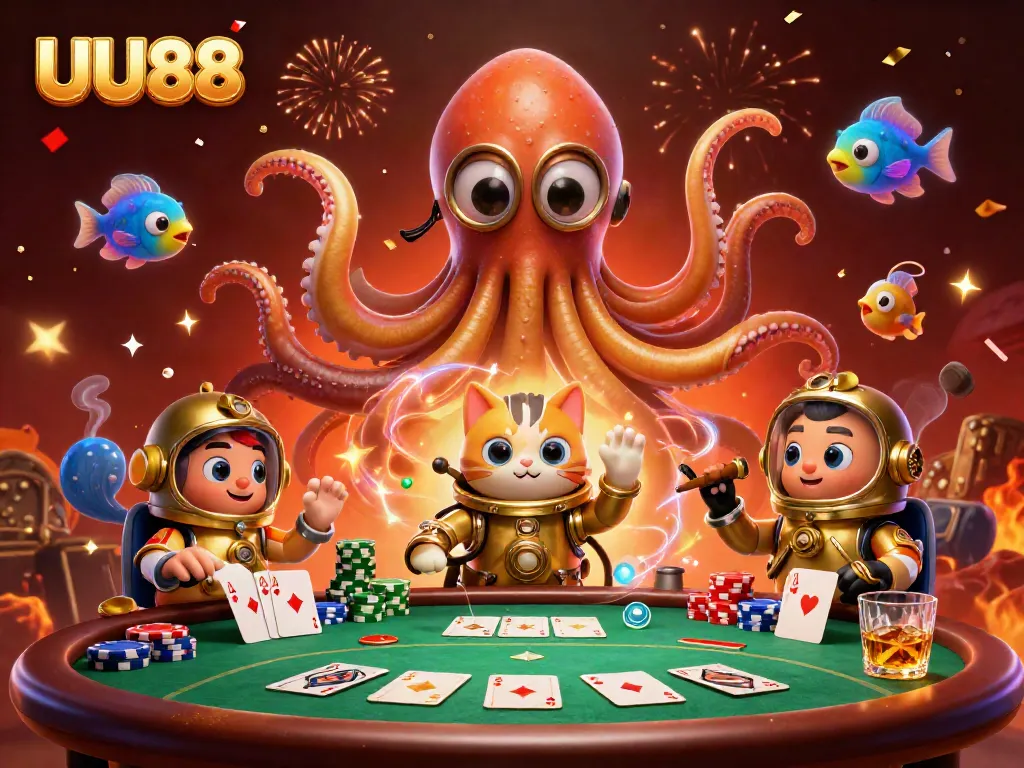 Join the thrilling action at UU88 with this vibrant poker scene featuring a kraken and diving cat!