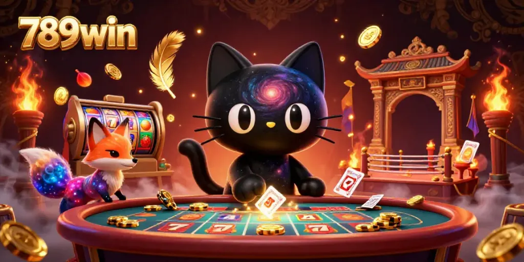 Engage in thrilling slots action at 789win with a cosmic black hole cat and colorful companions.