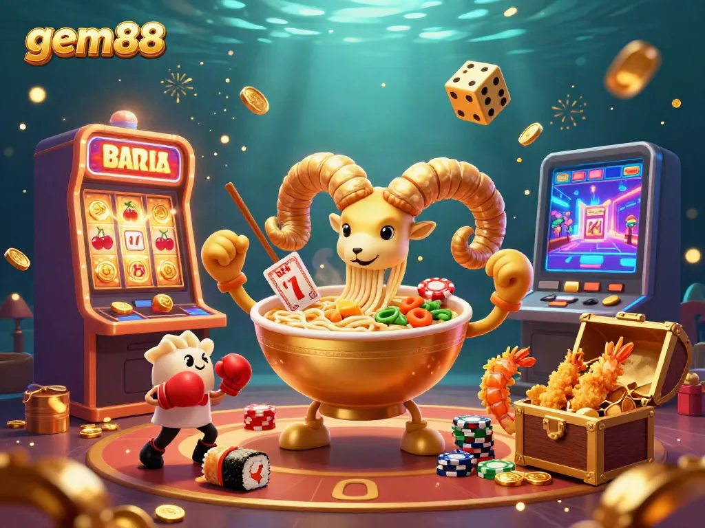 Experience vibrant gameplay with gem88, featuring a golden ramen bowl character and dynamic casino elements.
