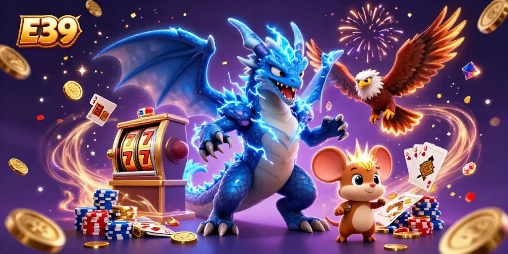 Engage with E39 in an exciting casino scene featuring a thunder dragon and glowing hawk.