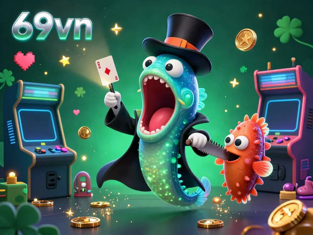 Experience incredible magic with 69vn as the gulper eel performs card tricks, surrounded by vibrant gaming elements.
