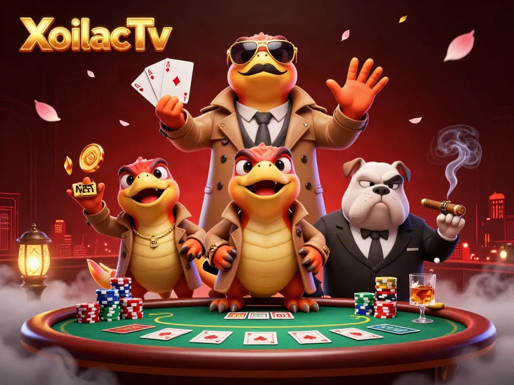 XoilacTv raptors sneaking into a VIP casino, surrounded by poker elements and vibrant visuals