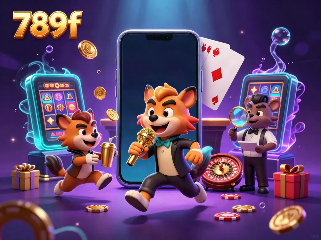 Experience the lively 789f casino scene featuring hyenas in a comedy setting with slot games and vibrant lights.