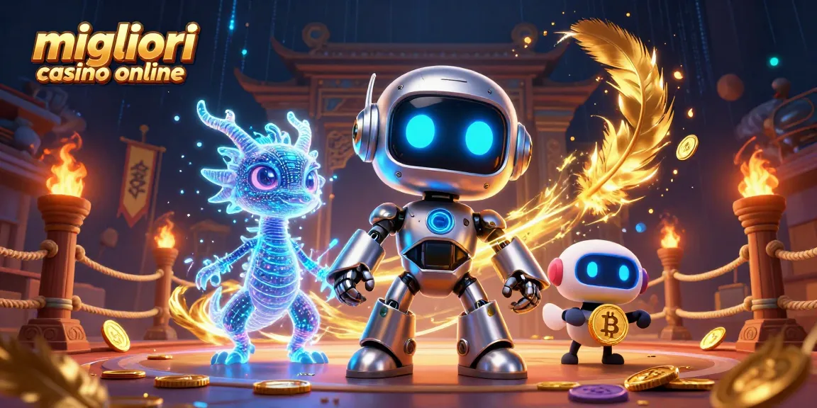Scopri i migliori casino online con un robot cibernetico in un'illustrazione 3D dinamica.