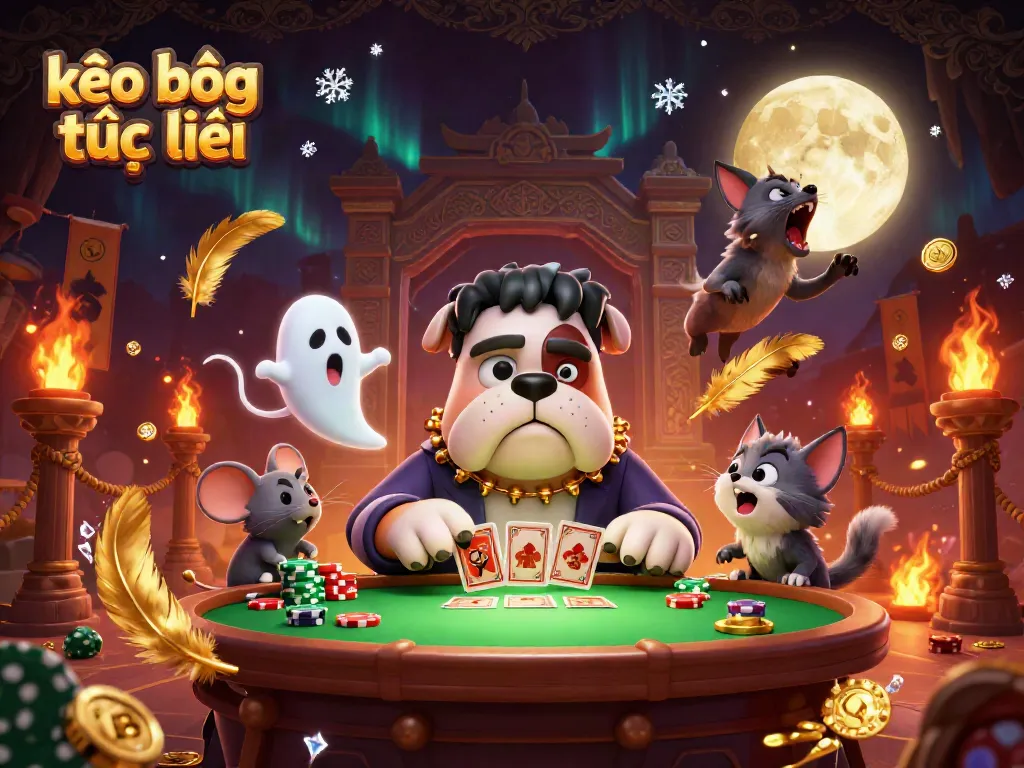 Experience thrilling kèo bóng trực tuyến action with Frankenstein bulldog and ghost mouse at a vibrant casino table.