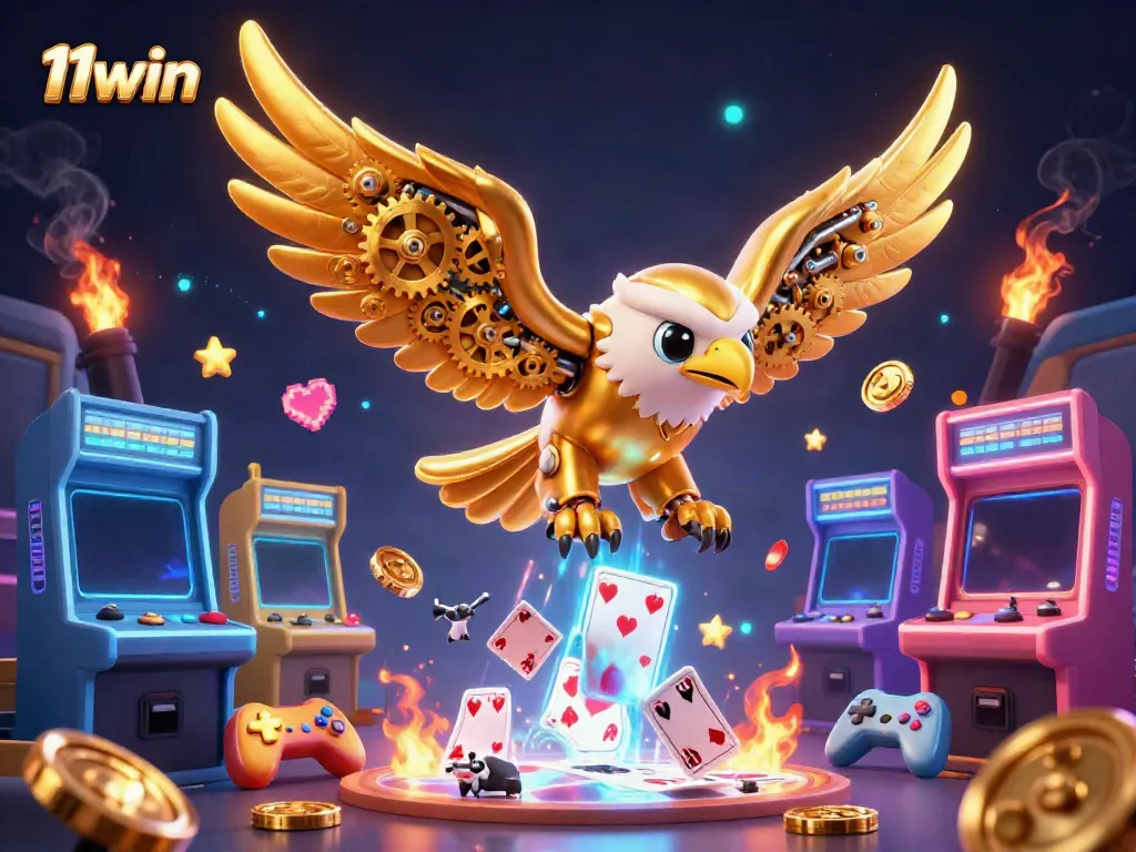 Engaging scene of 11win with a golden eagle and arcade games showcasing excitement in online gambling.