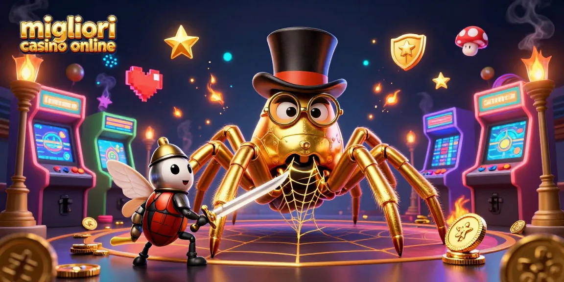 Scopri i migliori casino online con un'illustrazione di una tarantola d'oro in un casinò magico.