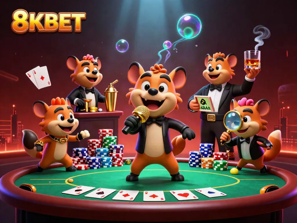 8KBET comedy casino club scene with hyenas, poker and vibrant casino elements