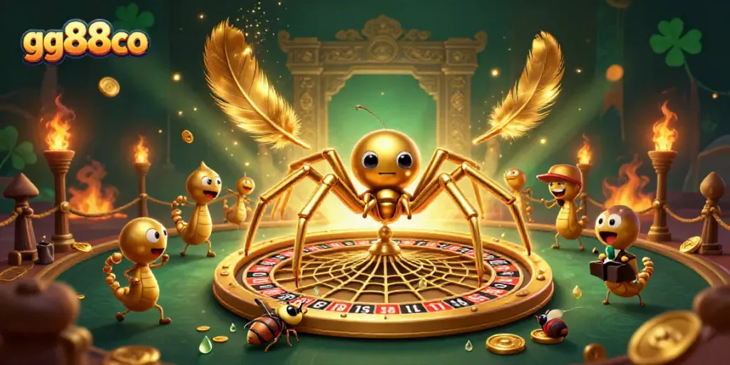 Bet on luck at gg88co with a golden web roulette scene featuring cartoon characters.
