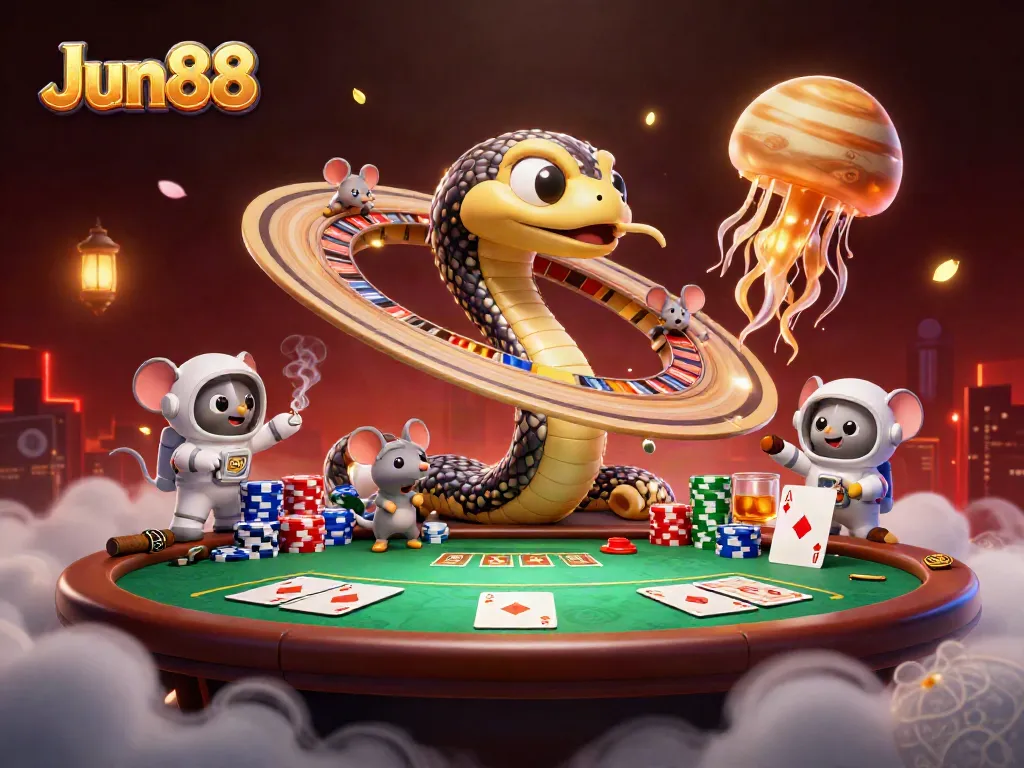 Jun88 tham gia vào xổ số đầy kịch tính với hình ảnh con rắn hành tinh và thẻ bài poker.