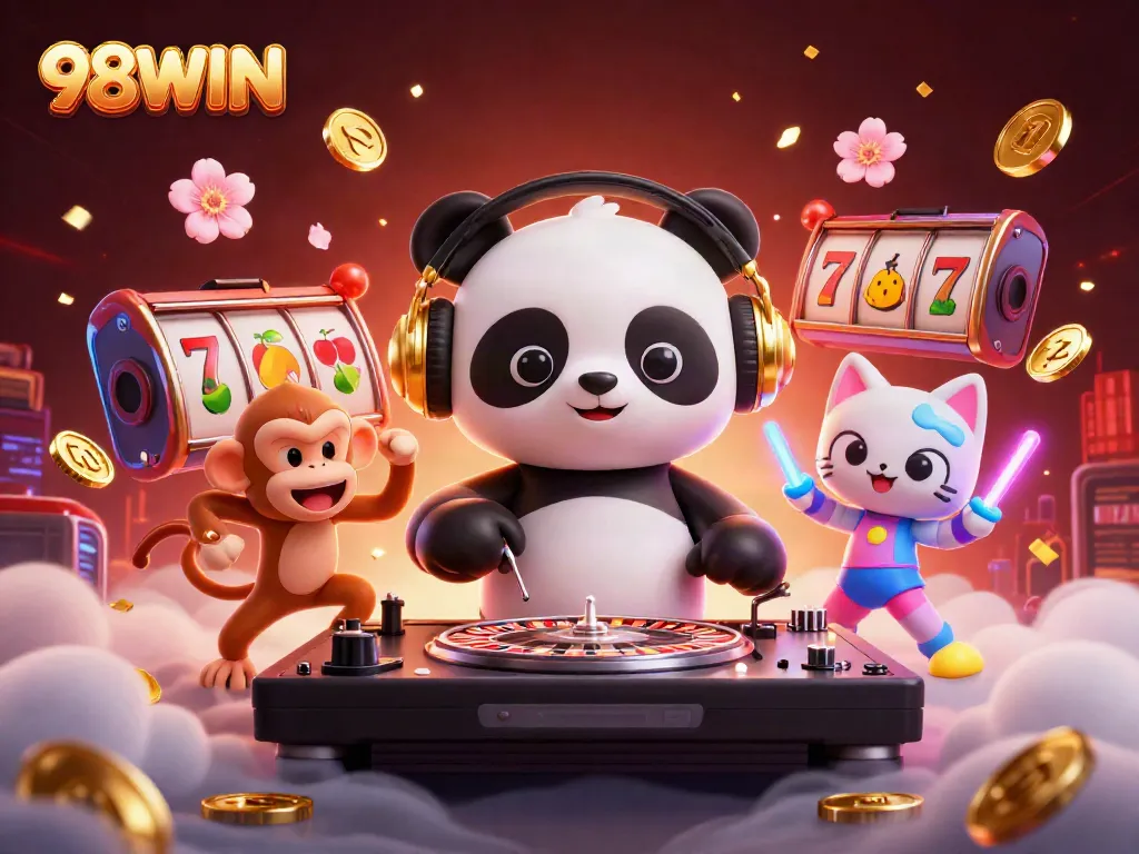 98WIN showcases epic gaming action with a cartoon DJ panda spinning roulette while friends join the fun.