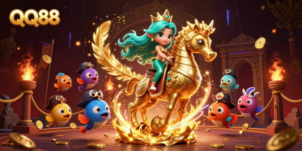 Experience the thrill of QQ88 with this vibrant carnival showcasing mermaid princess and seahorse in 3D