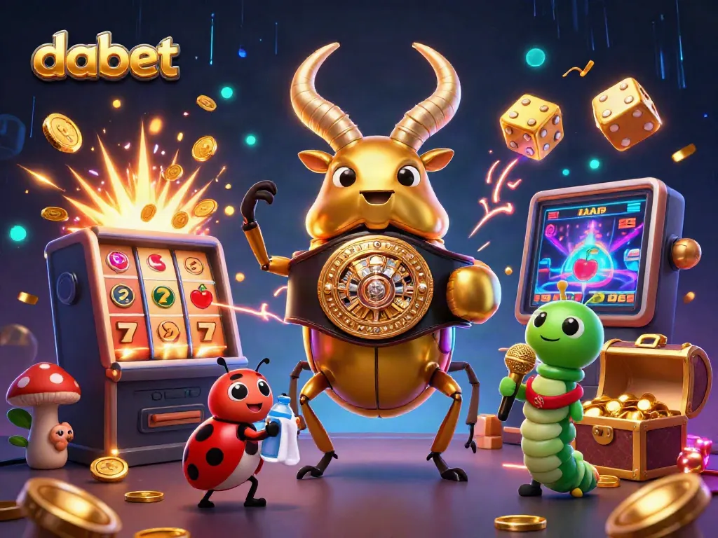 Dabet showcases a thrilling casino scene with a golden stag beetle champion and slot machines exploding with coins.
