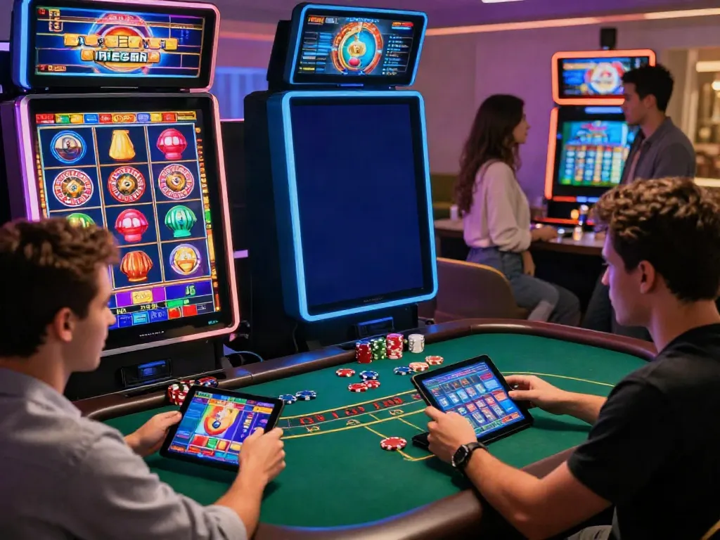 Exciting Casino En Ligne experience with players engaging in games on digital devices and a vibrant atmosphere.