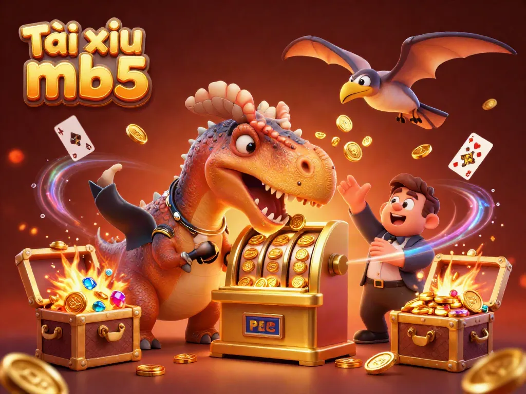 Tài xỉu mb5 cartoon where a pachycephalosaurus wins jackpot coins from a slot machine.