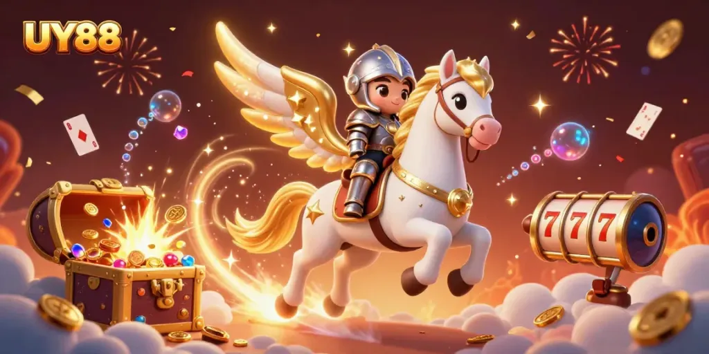 Enjoy thrilling wins at UY88 with a vibrant scene featuring a celestial horse and exciting gaming elements.
