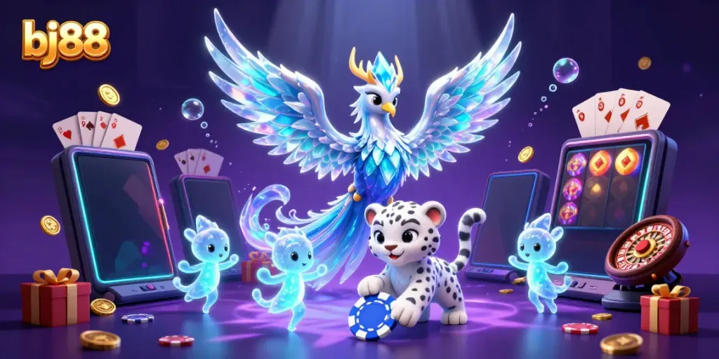 Experience thrilling gaming with the bj88 ice phoenix, poker chips, and dynamic slots in a vibrant casino scene.