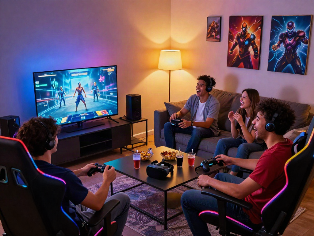 Engaging gaming scene with friends playing porn games, colorful LED lights, and snacks enhancing the experience.