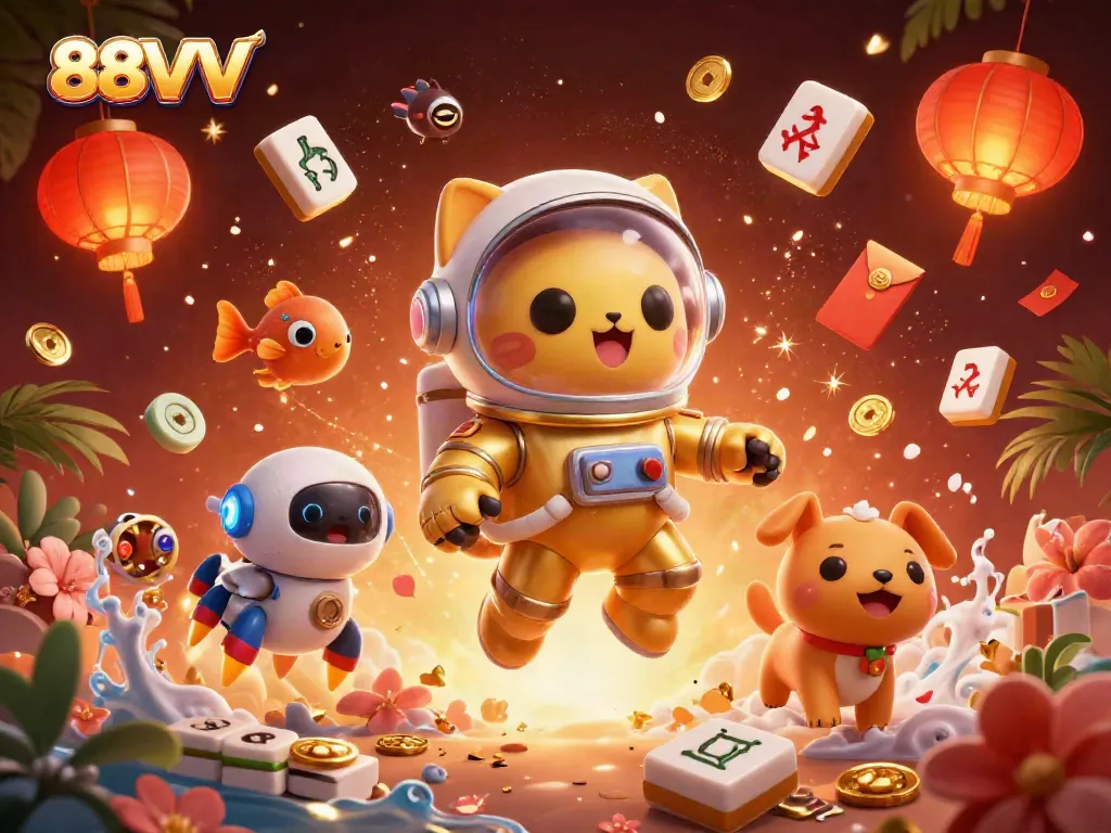 Experience thrilling gaming with 88VV featuring a dynamic 3D astronaut cat scene surrounded by casino elements.